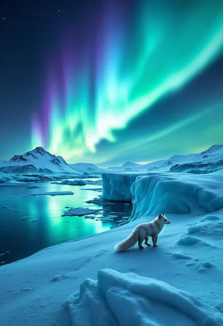 A breathtaking shot on the polar glacier: Panoramic view of the azure icebergs reflecting the vibrant aurora borealis, casting an ethereal glow across the vast snowy expanse. In the distance, wispy trails of green and purple lights dance in the night sky, as a few Arctic foxes stroll leisurely, their fur blending seamlessly with the icy landscape.