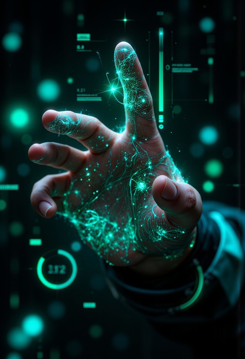 A hyper-detailed, futuristic close-up of a human fingertip illuminated by a soft green glow, revealing a complex, holographic circuit pattern etched into the skin, resembling a digital fingerprint. The intricate lines and nodes of the circuitry shimmer with a faint white and blue light, symbolizing advanced biometric technology. Surrounding the finger, a semi-transparent user interface displays scanning progress indicators, synchronization bars, and faint text overlays, adding to the high-tech aesthetic. The background is softly blurred, suggesting a sleek, digital environment while emphasizing the focus on the finger and its augmented details. <lora:aidmaFLUXPro1.1-FLUX-v0.3.safetensors:1.0>,  <lora:Dark side of light.safetensors:0.55>, <lora:Glitchcore_Flux.safetensors:0.8>,