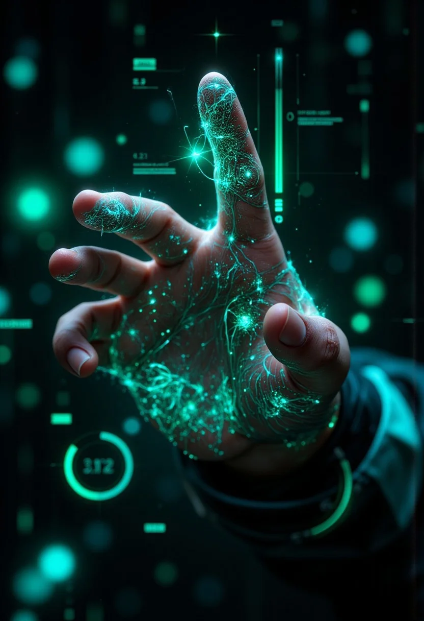 A hyper-detailed, futuristic close-up of a human fingertip illuminated by a soft green glow, revealing a complex, holographic circuit pattern etched into the skin, resembling a digital fingerprint. The intricate lines and nodes of the circuitry shimmer with a faint white and blue light, symbolizing advanced biometric technology. Surrounding the finger, a semi-transparent user interface displays scanning progress indicators, synchronization bars, and faint text overlays, adding to the high-tech aesthetic. The background is softly blurred, suggesting a sleek, digital environment while emphasizing the focus on the finger and its augmented details. <lora:aidmaFLUXPro1.1-FLUX-v0.3.safetensors:1.0>, <lora:Dark side of light.safetensors:0.55>, <lora:Glitchcore_Flux.safetensors:0.8>,
