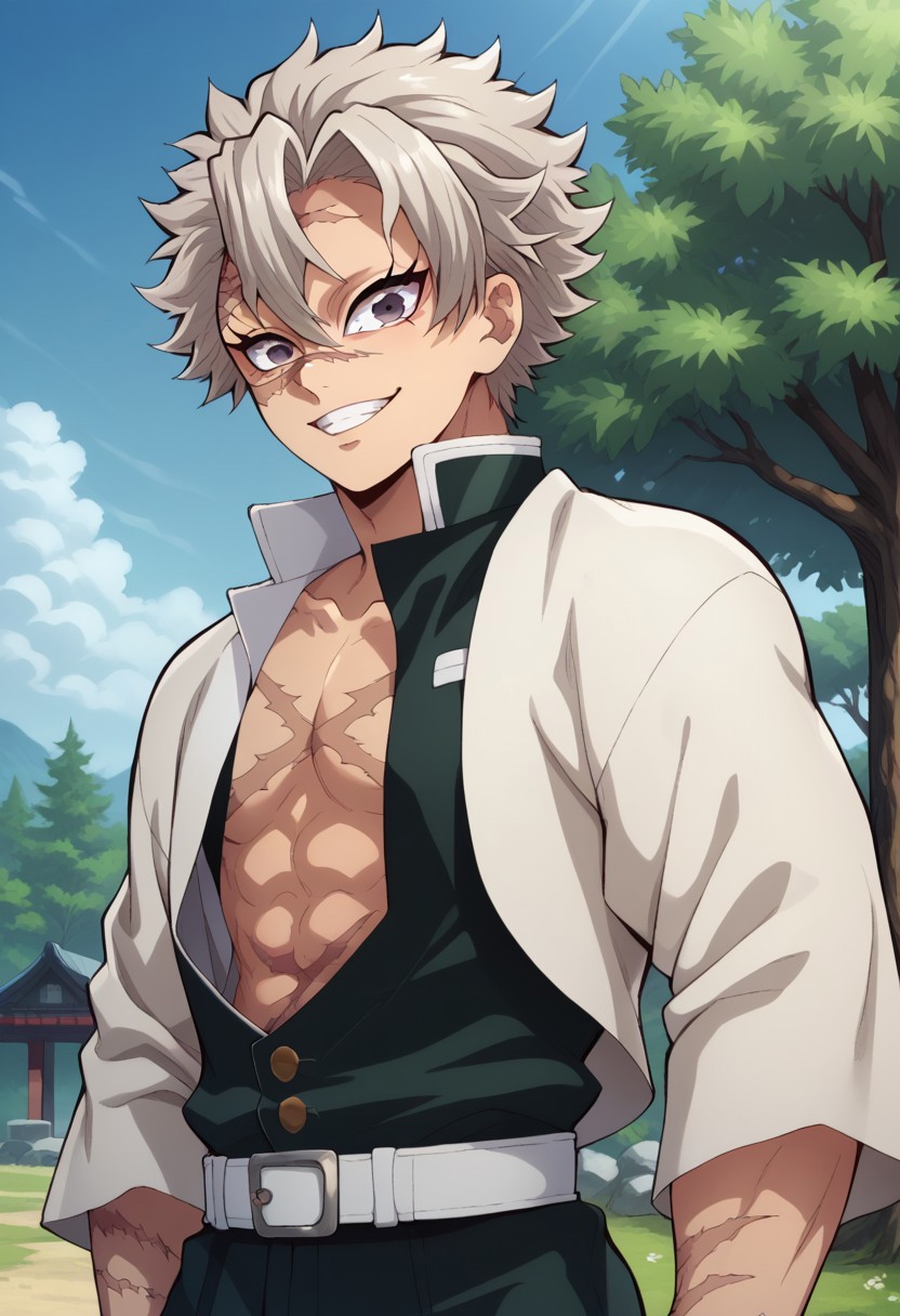 score_9, score_8_up, score_7_up, source_anime, highly detailed, 
sanemi, 1boy, demon slayer uniform, male focus, scar, solo, scar on face, scar on chest, scar on forehead, pants, belt, japanese clothes, black pants, looking at viewer, scar on arm, long sleeves, grey hair, haori, standing, open clothes, wide sleeves, upper body, grin, 
outdoor, sky, tree, shadows,