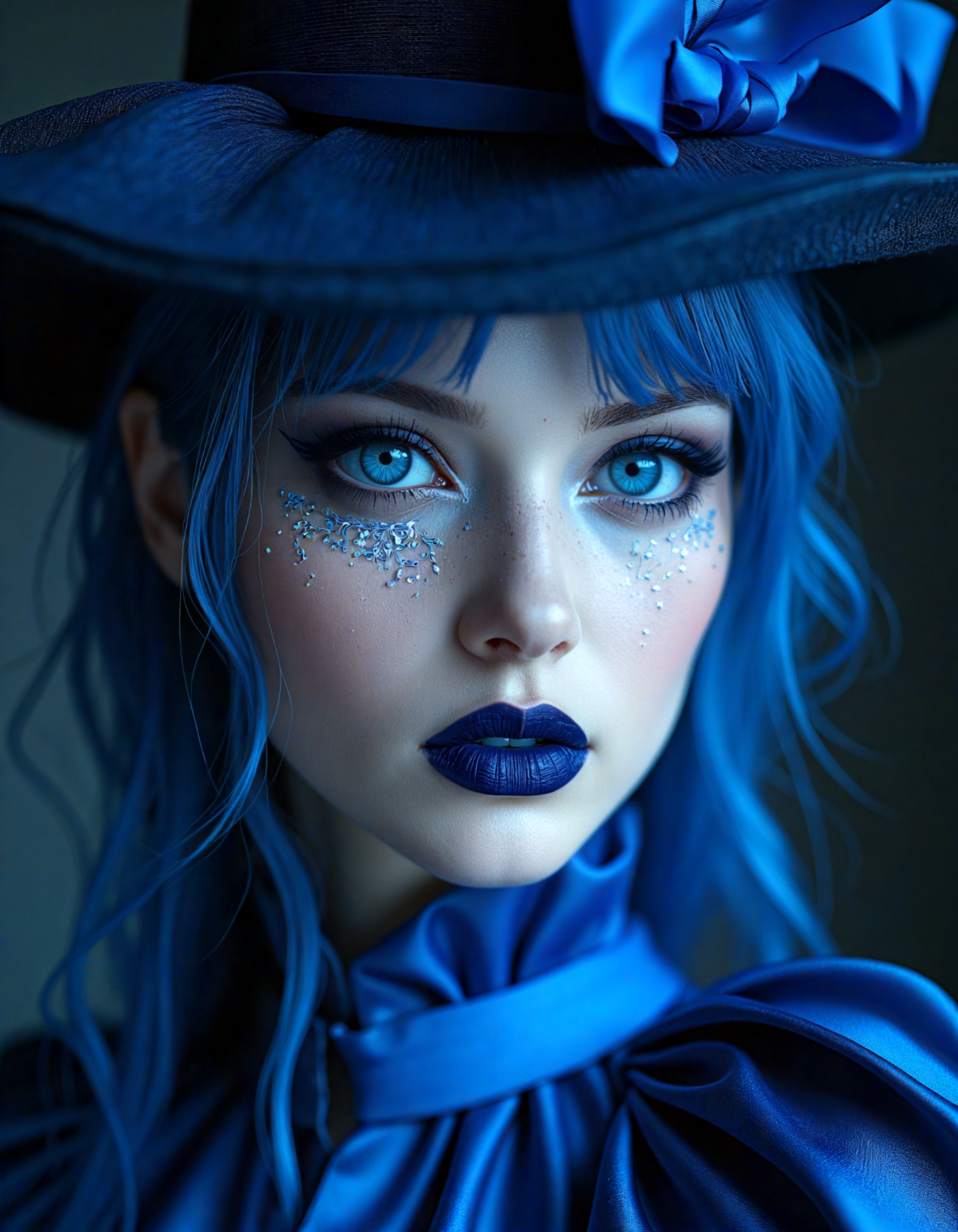 paper quilling art of (dark mood masterpiece Photography:1.2), portrait of a mysterious Glinda, with blue eyes and dark make up, dark eyeliner, she has sensuous lips, looking seductively, naughty. The extreme realism focuses on her detailed skin, showing fine textures and natural highlights. photography masterpiece, modern, irresistible beauty, fuzzy lighting, dark mood, unusual composition, use of negative space, (rule of thirds composition), simmetry, mysterious, emotional, flirting, groundbreaking unrivaled opus with unrivaled details, (Reflex Blue color scheme), highly detailed, melancholic, low-light hyper detailed photography, catchlights, extremely high-resolution details, photographic, realism pushed to extreme, fine texture, incredibly lifelike, high angle shot,style by luis royo . intricate, delicate, curling, rolling, shaping, coiling, loops, 3D, dimensional, ornamental