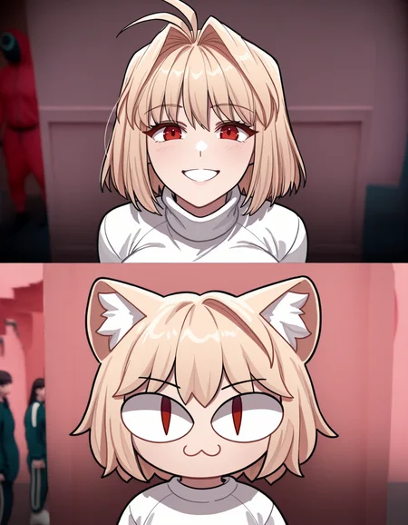 masterpiece, best quality, 2girls, 2koma, looking at viewer, comic, scene reference, blurry background, wrnchtskharcbrun, short hair, blonde hair, red eyes, large breasts, antenna hair, hair intakes, white sweater, turtleneck sweater, smile <lora:WrenchTsukihimeArcueidBrunestudIL:1> <lora:Year1&Year2SquidGameMeme_illusXLNoobAI_Incrs_v1:1>
masterpiece, best quality, 2girls, 2koma, looking at viewer, comic, scene reference, blurry background, cracen, animal ears, short hair, blonde hair, :3, cat girl, red eyes, slit pupils, chibi, animal ear fluff, white sweater, long sleeves, :3, white sweater <lora:necoarc-guy90-Illust-LoraV1:1> <lora:Year1&Year2SquidGameMeme_illusXLNoobAI_Incrs_v1:1>