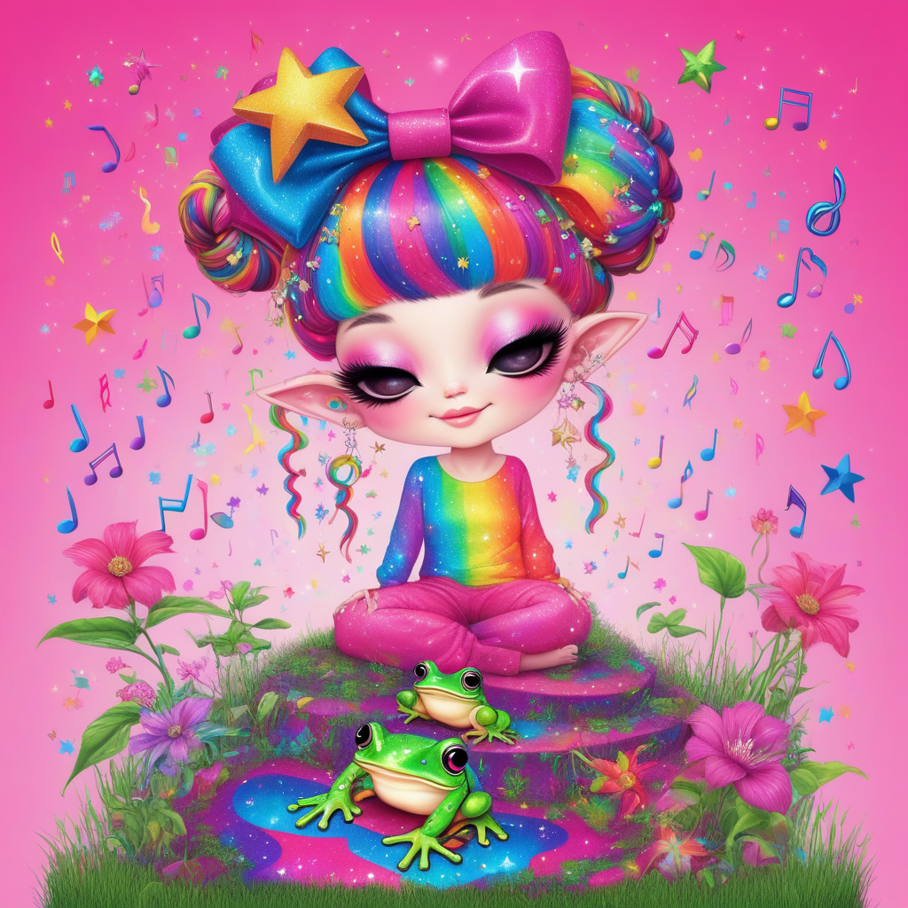 stairs, earrings, solo, long hair, cherry, grass, day, gradient, star (symbol), rainbow hair, closed mouth, vibrant rainbow, tree, frog, planet, colorful, sparkles, musical note, house, pink background, pointy ears, closed eyes, scales, piercing, hair bow, building, double bun, 1girl, heart, flower, cute creatures, simple background