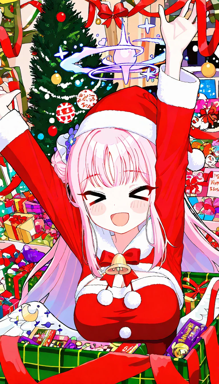 1girl,mika \(blue archive\),(santa costume:1.2),CHRC4ND7,gift box,in box,in container,red box,red ribbon,plaid box,striped box,christmas,christmas tree,merry christmas,jingle bell,open box,many candy,text,looking at viewer,dutch angle,indoors,upper body,xd,open mouth,happy,arms up,
masterpiece,best quality,newest,absurdres,highres,safe,