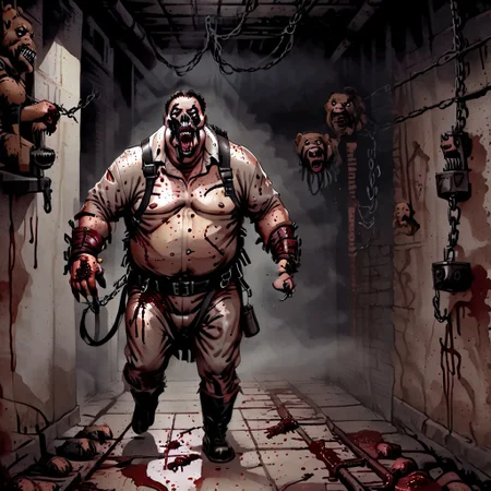 A large fat man wearing a leather gimp suit, a blood-stained butcher's apron, and a leather mask with a metal muzzle on his mouth is carrying a bear trap in a grim basement complex, 90s horror illustration.