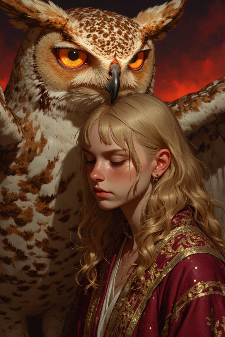 A hyper-realistic close-up portrait of a tan-skinned woman with long, flowing golden hair, styled in loose waves that fall over her shoulders. She is captured in a slight profile, with her face turned slightly to the side, her eyes closed in contemplation. Her clothing consists of a richly detailed, embroidered burgundy robe with a golden collar, the fabric appearing soft and velvety, with light reflecting off its intricate threads. Behind her, a giant, luminous owl with oversized wings stretches upward, partially concealing her face in its shadow, its eyes glowing faintly. The background is a soft gradient of dark red and gold, creating a warm, celestial atmosphere. The lighting gently caresses her features, highlighting the rich textures of her robe and the luminous glow of the owl's feathers. HD, 8K quality, ultra-detailed, masterpiece artwork, flawless anatomy.