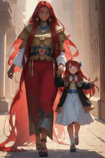 ((A very tall woman and a very young girl walking together and holding each other's hand)), ((masterpiece, best quality, 8k uhd, very high definition, elaborate detail, extremely detailed face)), Egyptian-Japanese, (very dark skin), smiling and happy, (endlessly long ruby red hair), (bright blue eyes)