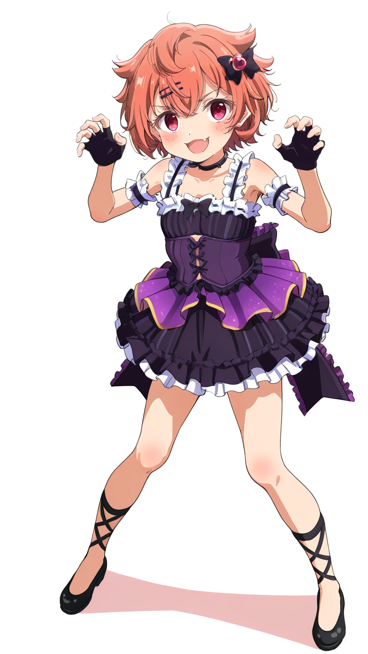 1girl,looking_at_viewer,smile,white_background,simple background,anime screenshot,sincos,<lora:Salsa_Illustrious_v4:1>,Salsa,hair ornament,fingerless gloves,fang,Salsa-idol,full body,claw pose,, masterpiece, best quality