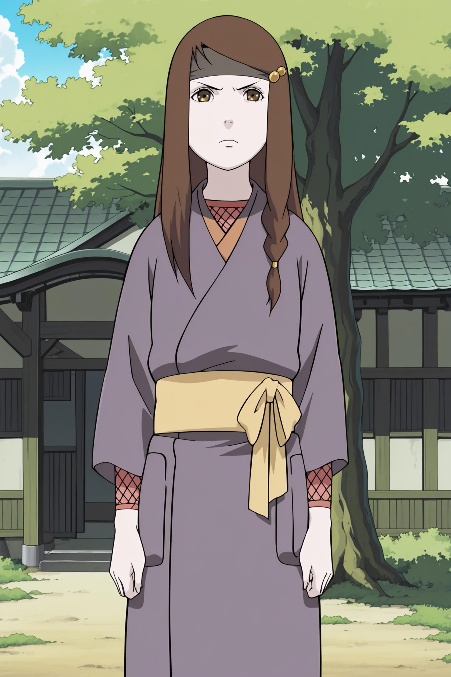 anime screencap, anime coloring, detailed face, masterpiece, best quality, very aesthetic, absurdres, volumetric lighting, official style, amazing quality, ultra detailed,  highres, amazing quality, scenery, beautiful detailed hair, beautiful detailed eyes
inside,
 <lora:Yakumo_Kurama_Naruto:1>
Yakumo Outfit 3, Yakumo Kurama (character), solo, 1girl, brown hair, japanese clothes, long hair, brown eyes, tree, house, kimono, hair ornament, headband,
standing,
looking a the viewer, serious face,