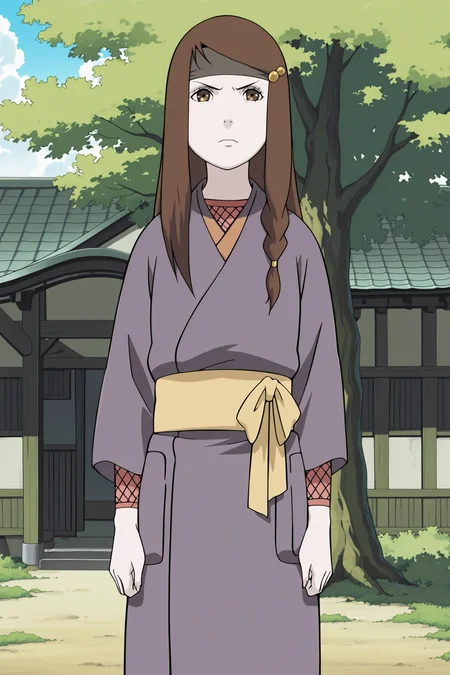 anime screencap, anime coloring, detailed face, masterpiece, best quality, very aesthetic, absurdres, volumetric lighting, official style, amazing quality, ultra detailed,  highres, amazing quality, scenery, beautiful detailed hair, beautiful detailed eyes
inside,
 <lora:Yakumo_Kurama_Naruto:1>
Yakumo Outfit 3, Yakumo Kurama (character), solo, 1girl, brown hair, japanese clothes, long hair, brown eyes, tree, house, kimono, hair ornament, headband,
standing,
looking a the viewer, serious face,