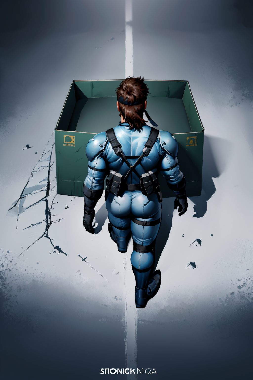 (masterpiece, best quality:1.2), akiraposter, from above, from behind, solo, male focus, 1boy, solid snake, walking, blue bodysuit, gloves, headband, cardboard box <lora:solidsnake-nvwls-v1-final:0.9> <lora:concept_akiraposter-11:1>