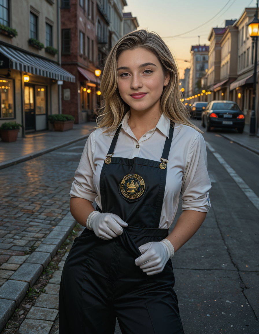 cowboy shot, looking at viewer,female_focus, medium close-up,,A woman wearing a Rolled-up shirt, long apron, gloves, black trousers, suspenders, badge ,stands confidently in a bustling city street at dusk. The streetlights cast a warm glow on the pavement, and neon signs flicker in the background. The personâs white gloves contrast sharply against the dark outfit, adding a touch of elegance. A light evening mist rises from the ground, creating a cinematic atmosphere. Pedestrians pass by, some glancing curiously at the well-dressed figure. The cityscape features modern and old architecture, blending tradition with contemporary urban life.
<lora:SDXLFaeTastic2400:0.4> <lora:extremely_detailed:0.4> extremely detailed, Masterpiece,best quality,hi res,8k,hi res,8k,award winning,(sharp focus, intricate, highly detailed),