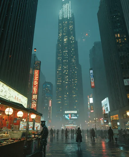 A towering skyscraper dominates the center of a neon-lit cyberpunk metropolis, its surface a tapestry of holographic advertisements and pulsing light strips. Flying cars weave between buildings, leaving trails of light in their wake. At street level, a diverse crowd of humans and androids navigate crowded sidewalks lined with food stalls emitting steam and exotic aromas. Overhead, massive digital billboards cast a multicolored glow on the rain-slicked streets below. In the foreground, a street vendor with cybernetic arms operates a ramen stand, serving bowls to customers seated on hover-stools.
