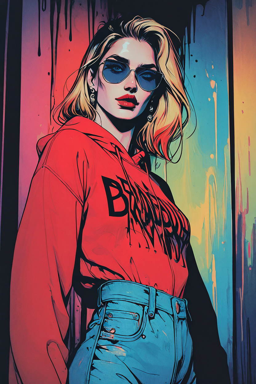 masterpiece,best quality,amazing quality,very aesthetic,absurdres,newest,detailed eyes, realistic body, retro, realistic, low angle, dutch angle, high fashion, cowboy shot, from side, ink art,
1girl, solo, face, pretty, blue eyes, 24 yo, seductive, portrait, looking at viewer, delicate facial features, blue and red colors, strikingly beautiful, teasing expression,
face focus, upper body view, dynamic angle, blue sunglasses, lowered sunglasses, vaporwave,  black hair, blond hair, medium length hair, eyeliner, mascara, light eye makeup, red lips, earrings 
punk fashion, hoodie, jacket, jeans,
halftone background, geometric background, cowboy shot, high contrast, dramatic lighting, hard shadows, colorful,
 <lora:OmniReal:0.55> <lora:Laaura_style:0.5> <lora:GTHAN-IL:0.7> <lora:fashiongirl-v1-ILXL:0.9>