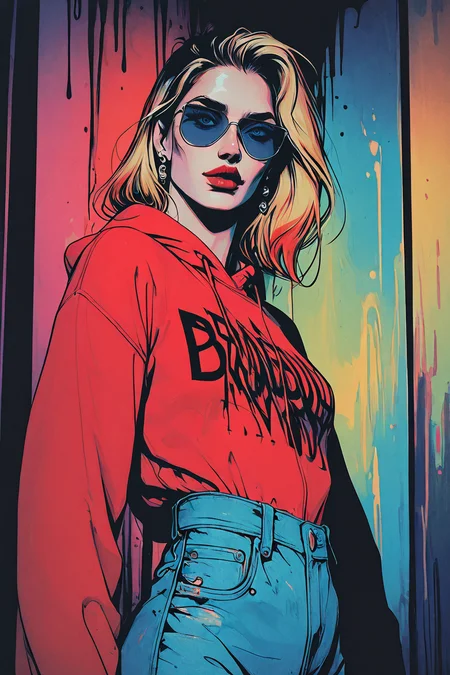 masterpiece,best quality,amazing quality,very aesthetic,absurdres,newest,detailed eyes, realistic body, retro, realistic, low angle, dutch angle, high fashion, cowboy shot, from side, ink art,
1girl, solo, face, pretty, blue eyes, 24 yo, seductive, portrait, looking at viewer, delicate facial features, blue and red colors, strikingly beautiful, teasing expression,
face focus, upper body view, dynamic angle, blue sunglasses, lowered sunglasses, vaporwave,  black hair, blond hair, medium length hair, eyeliner, mascara, light eye makeup, red lips, earrings 
punk fashion, hoodie, jacket, jeans,
halftone background, geometric background, cowboy shot, high contrast, dramatic lighting, hard shadows, colorful,
 <lora:OmniReal:0.55> <lora:Laaura_style:0.5> <lora:GTHAN-IL:0.7> <lora:fashiongirl-v1-ILXL:0.9>