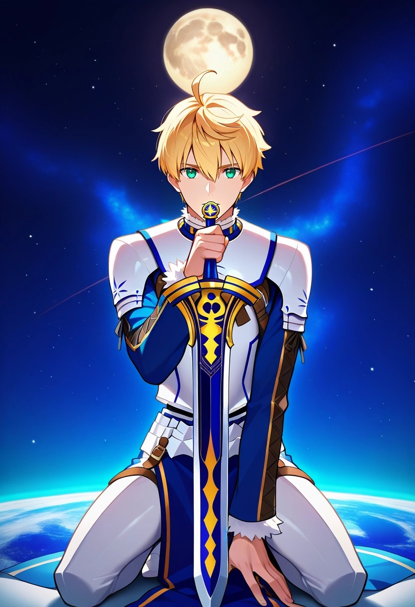 masterpiece, best quality, , , looking at viewer, 1boy, solo, male focus, <lora:arthur_pendragon_fate_ilxl:0.94>, arthur_pendragon_fate, blonde hair, green eyes, short hair, ahoge, hair between eyes, bangs, , holding sword, straight-on, space, planets, night, full moon, kneeling, speaking, talking,