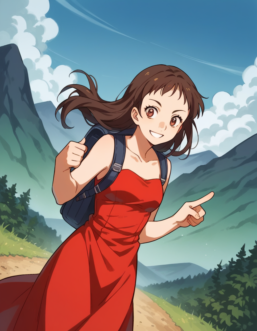 score_9, score_8_up, score_7_up, source_anime, <lora:emi-igawa-s1-ponyxl-lora-nochekaiser:1>,, emi igawa, long hair, brown eyes,, dress, red dress, collarbone, bare shoulders,, mountain trail, hiking, nature, backpack, adventure, fresh air, smile, , hand pointing index finger, solo,, cowboy shot, dutch angle