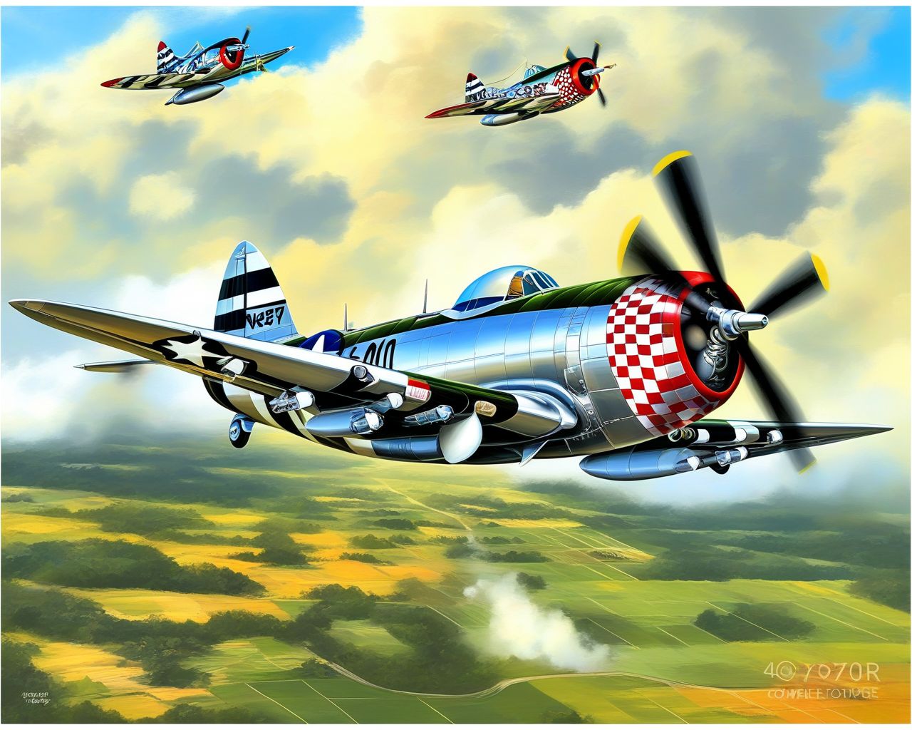 P-47_Thunderbolt, comic-book panel, dynamic perspective, nose art, propeller blur, cloud backdrop, masterpiece, best quality, amazing quality <lora:Mini list aircraft sdxl V1:1>