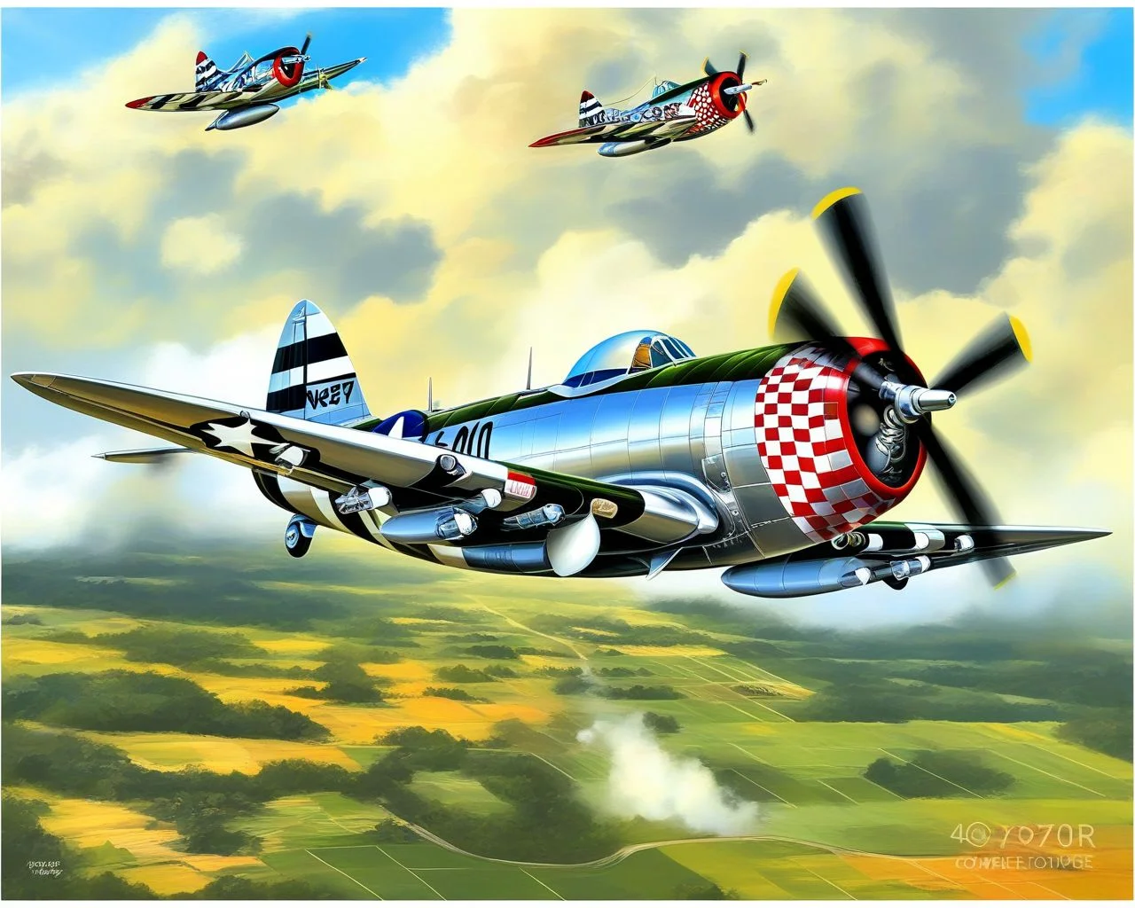 P-47_Thunderbolt, comic-book panel, dynamic perspective, nose art, propeller blur, cloud backdrop, masterpiece, best quality, amazing quality <lora:Mini list aircraft sdxl V1:1>