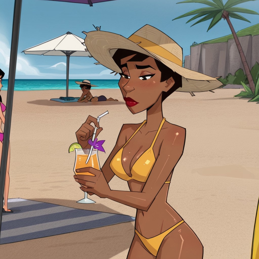 Professor Granville,red lips,short hair,black hair,dark-skinned female,beach,bikini,shiny skin,umbrella,sunhat,drink in hand,expressive, masterpiece,best quality,amazing quality