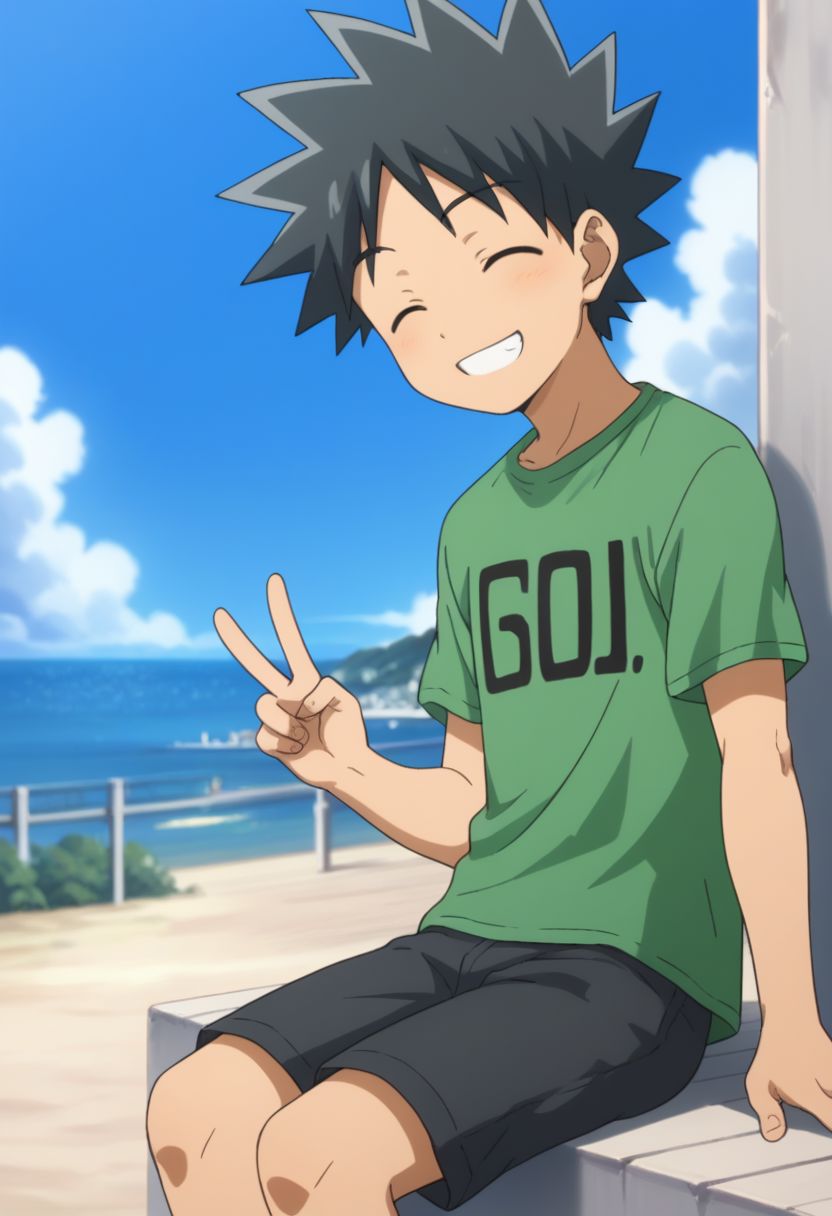 score_9, score_8_up, score_7_up, source_anime, highly detailed, cute,
takeru, 1boy, male focus, solo, black hair, sky, smile, grin, spiked hair, closed eyes, day, blue sky, cloud, shirt, pants, short pants, socks, sneacker, v sign, sit
outdoor,