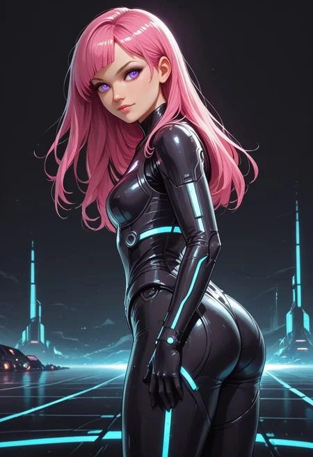 score_9, score_8_up, score_8, masterpiece, best quality, good quality, very aesthetic, absurdres, newest, 8K, depth of field, focused subject, dynamic angle, side view, 1girl,solo, CivChan, android, holofoil glitter, faint, glowing, ethereal, neon hair, glowing hair, long hair, purple eyes, bodysuit, standing looking sweet, stance, coy, looking at viewer, happy, emote {), sci-fimasterpiece, best quality, good quality, very aesthetic, absurdres, newest, 8K, depth of field, focused subject, dynamic angle, side view, 1girl,solo, CivChan, android, holofoil glitter, faint, (glowing:1.5), ethereal, neon pink hair, glowing hair, long hair, neon purple eyes, looking at viewer, serious, zzCitronLegacy,
Looking like the character Gem from the movie Tron Legacy, black suit with glowing purple circuits, thick thighs, white boots, black eyeliner, mischievous expression, looking back, rides a TRON Motorbike, tron, giant bike, with angular Speed trail, in a Neon landscape, towering (geometric) structures, dark with vibrant electric-cyan highlights, cinematic sci-fi lighting, Shot with wide-angle lens, motion blur, ultra-detailed, photorealistic Tron style, black background elements, giant cyan glowing grid across the entire background,