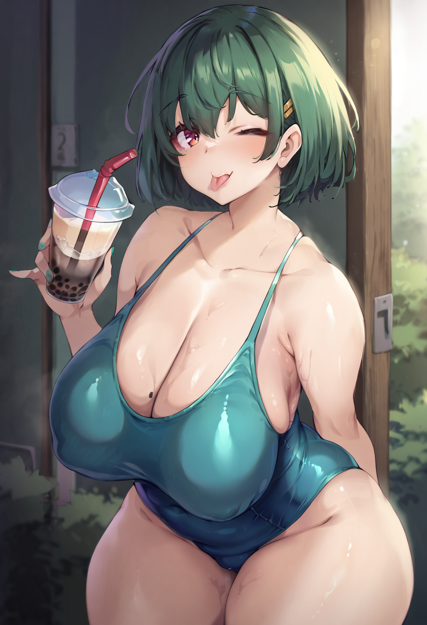 score_9, score_7_up,  1girl, 
huge breasts, wide hips, thick thighs, tongue out, short hair, solo, breasts, holding drink, collarbone, arm behind back, green hair, drinking straw, one eye closed, one-piece swimsuit, tongue, hand up, thighs, green eyes, swimsuit, red eyes, looking at viewer, shiny skin, bare shoulders, covered navel, holding, plump, cleavage, standing, bubble tea, blush, blue one-piece swimsuit
 <lora:thomasz-Style-PonyXL-GLoRA-v1.1-000045:1>