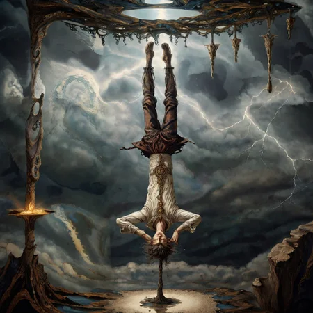 (xlomrblng:0.8) Surrealism, magnificent Tarot The Hanged Man, sorcerer upside down, hanging by one ankle, aura, very detailed, intricate, (stormy:1.21) <lora:xlomrblng:1>