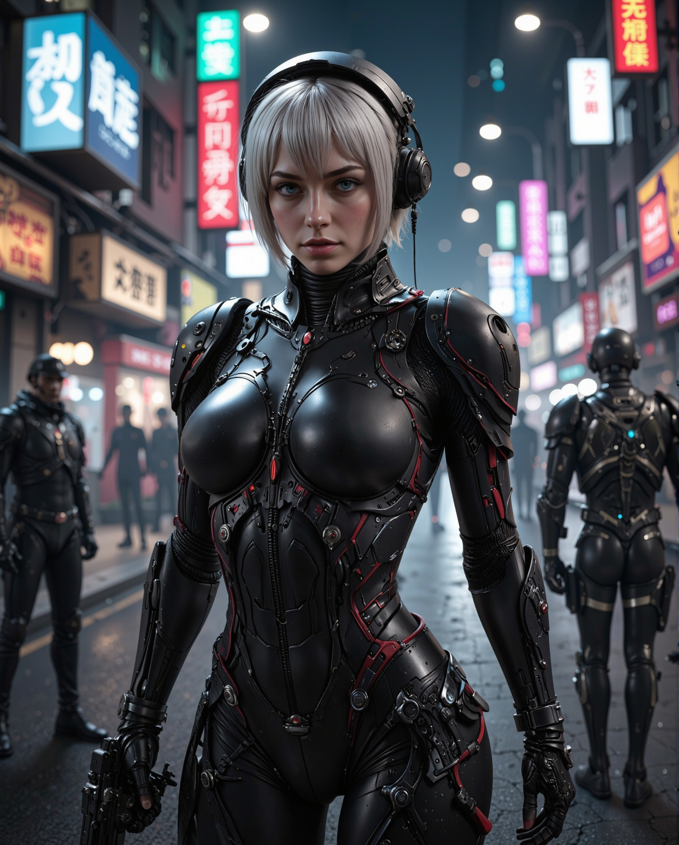 This is a highly detailed, digitally created image depicting a futuristic, cyberpunk-themed scene. The central figure is a woman with a striking appearance, featuring short, platinum blonde hair with blunt bangs. She has a pale complexion and striking blue eyes. Her head is adorned with a complex, black headpiece that integrates advanced technology, including what appears to be a communication system and possibly sensors.   She is dressed in a form-fitting, high-tech bodysuit that is predominantly black, with glossy, reflective surfaces that suggest a futuristic material. The bodysuit accentuates her ample breasts and slender physique. Her right hand is equipped with a advanced, futuristic gun, held in a ready position.   The background is a dimly lit, neon-lit street with a futuristic cityscape, featuring tall buildings with large, illuminated signs and a mix of warm and cool lighting. The street is populated with other futuristic characters, adding to the overall sci-fi ambiance. The image is rich in detail, capturing the essence of a technologically advanced, dystopian future.