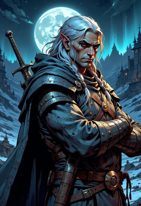 Half elf male, long braided silver hair, chainmail shirt, grey hooded cloak, his arms are crossed and he has a sword sheathed on his back, in the background night time on the mystic plains with full moon and an aurora lighting up the sky, v3ctora style, mad-arcnsmbls