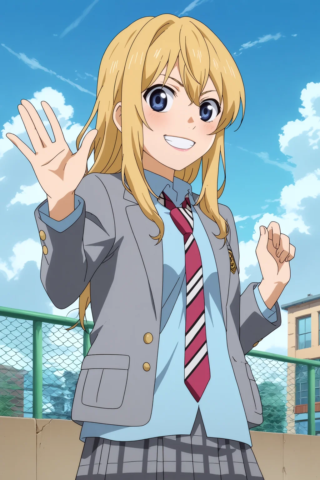kaori miyazono,1girl,solo,long hair,school uniform,necktie,skirt,jacket,blazer,striped necktie,smile,sakuragaoka high school uniform,standing,cowboy shot,waving,smile,teeth,upper body BREAK outdoors,blue sky,cityscape,sunlight,bright sun,sunshine,cloudy_sky,volumetric fog, volumetric lighting, best quality Masterpiece <lora:Kaori_Miyazono_-_Your_lie_in_april_Shigatsu_wa_Kimi_no_Uso.safetensors:0.8> <lora:detailed_backgrounds_v2.safetensors:0.5>