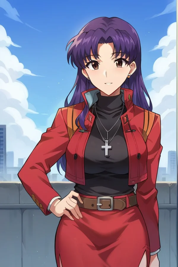 score_9, score_8_up, score_7_up, score_6_up, score_5_up, score_4_up,
BREAK source_anime,
misatokatsuragi, <lora:misato_katsuragi_rebuild-sdxl-lora-nochekaiser:1>,
misato katsuragi, long hair, brown eyes, purple hair, parted bangs, mature female,
skirt, jewelry, jacket, belt, necklace, uniform, cross, red jacket, pencil skirt, cross necklace, red skirt, black shirt, turtleneck, cropped jacket,
outdoors, city, sky, clouds,
looking at viewer, contrapposto,