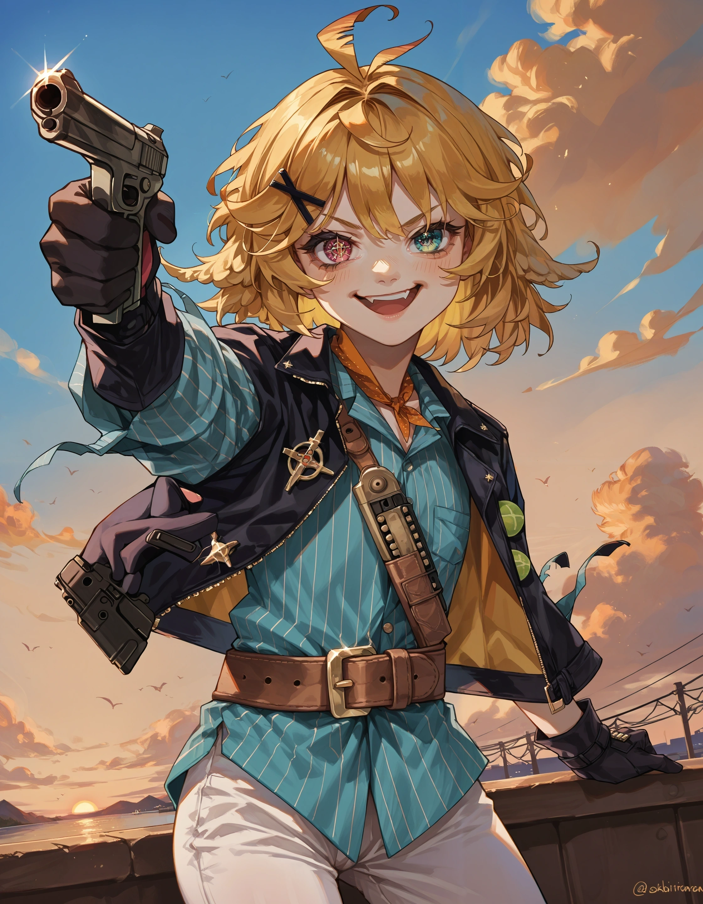 score_9, score_8_up, score_7_up, source_anime,
1girl, dokibrd, smile, aqua eyes, skin fang, 
black jacket, open jacket, striped shirt, brown belt, handgun, holding gun, white pants,
sunset,
pointing at viewer
 <lora:char_dokibird-bounty-pony:1>