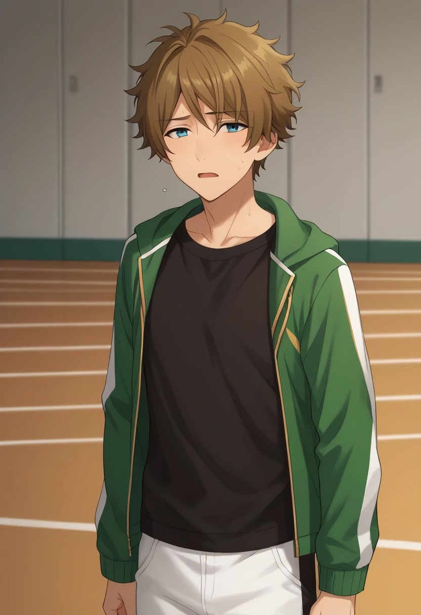 score_9, score_8_up, score_7_up, source_anime, highly detailed, 
midori, 1boy, male focus, jacket, track jacket, track suit, solo, brown hair, open mouth, looking at viewer, shirt, blue eyes, hood, black shirt, open jacket, green jacket, pants, open clothes, practice uniform, upper body, tired, sweat,
indoor, gym