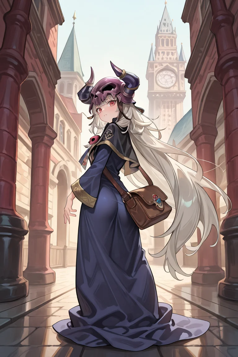 masterpiece, very aesthetic, absurdres, best quality, amazing quality, high resolution, <lora:illustrious_quality_modifiers_masterpieces_v1:0.8> , <lora:ChamIllustriousBackgroundEnhancer:0.5>, solo, <lora:NecromancerIL:0.8> , necdef, 1boy, red eyes, long hair, very long hair, grey hair, skull, horned helmet, horns, fake horns, skull brooch, black capelet, robe, long sleeves, bag, full body, from behind, looking back, looking at viewer, frown, academy, medieval, wizard towers, exterior,