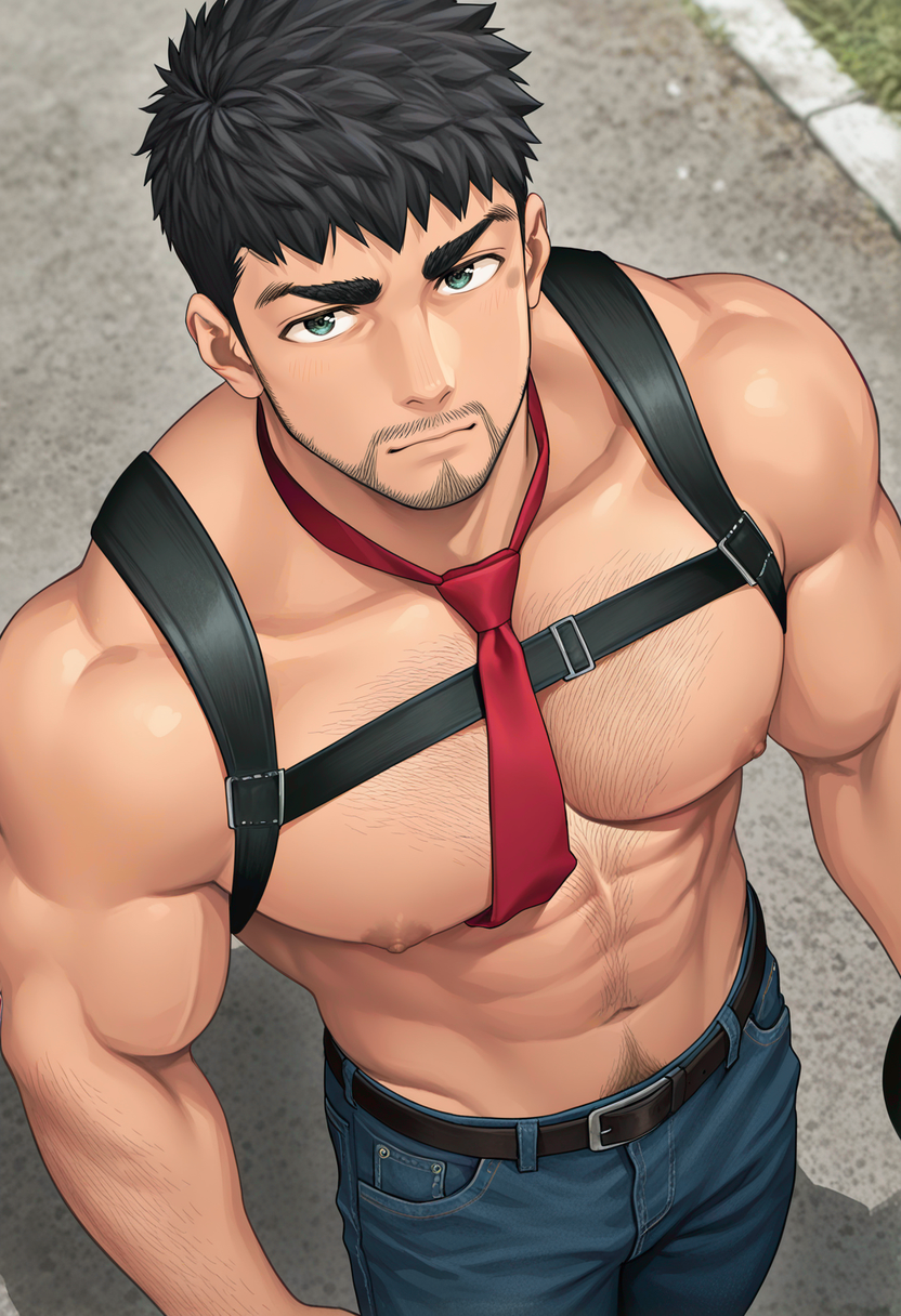 <lora:Kinokura_Gen_Futari_Solo_Camp:1>,
SmoothNoob_Quality, embedding:SmoothNoob_Quality, masterpiece, best quality, very aesthetic, anime screenshot,  1boy, knkr4_g3n, black_g3n_hair, green_g3n_eyes, male focus, solo, mature male, muscular male, bara, g3n_mark, anime coloring, arm hair, beard stubble, from above, looking at viewer, topless male, large pectorals, chest harness, red necktie, denim, jeans, belt, chest hair, navel hair,