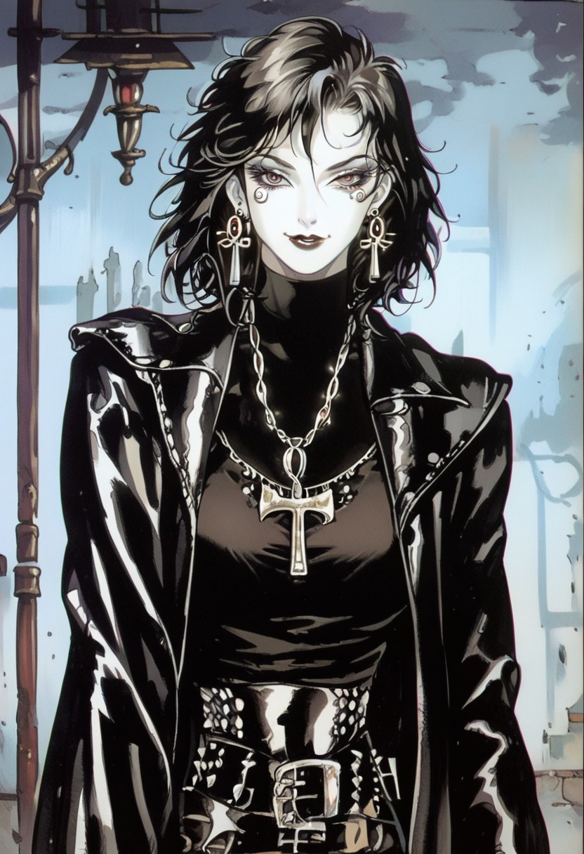 score_9_up, score_8_up, score_7_up, sad 1girl, dark theme, low light, character focus, dinamic composition, best quality, 1990s \(style\), noir, kojima ayami, perfect anatomy, looking at viewer, smile, calling with the finger BREAK Ladydeath, chainmail top, seethrough top, leather pants, egyptian cross on necklaces, goth make up, messy hair, pale skin, eye of ra, thight clothes, BREAK night, street light, alley