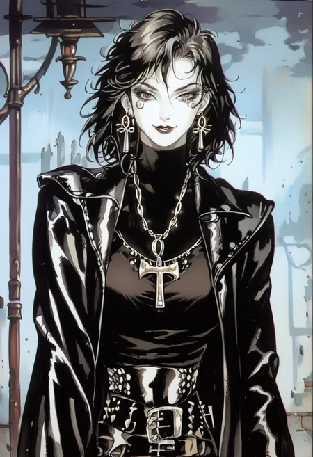 score_9_up, score_8_up, score_7_up, sad 1girl, dark theme, low light, character focus, dinamic composition, best quality, 1990s \(style\), noir, kojima ayami, perfect anatomy, looking at viewer, smile, calling with the finger BREAK Ladydeath, chainmail top, seethrough top, leather pants, egyptian cross on necklaces, goth make up, messy hair, pale skin, eye of ra, thight clothes, BREAK night, street light, alley