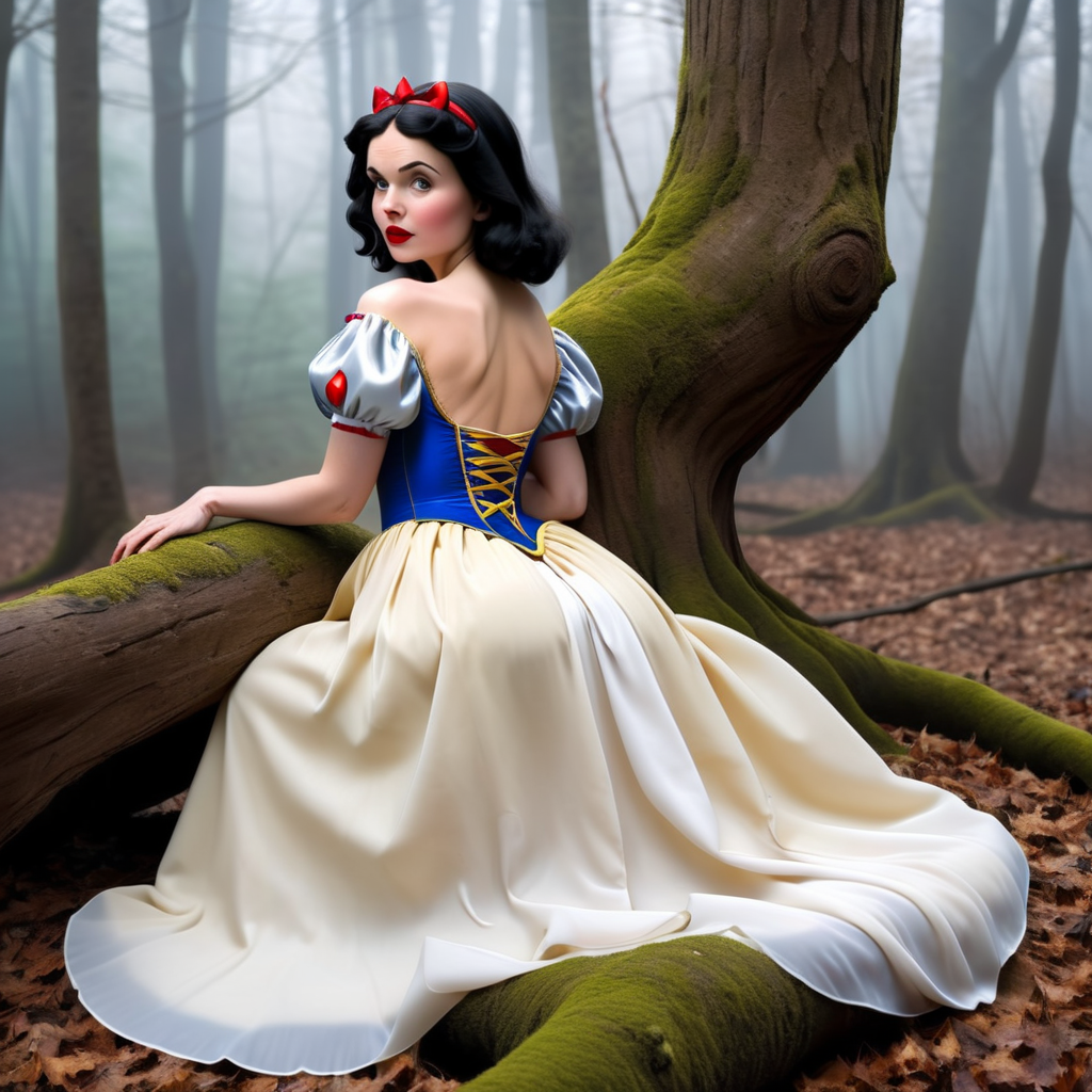 The image depicts  Snow White is posing on a tree, kneeling in such a way that the dress obscures her lower back,  .  <lora:ptgs:0.8>,forest