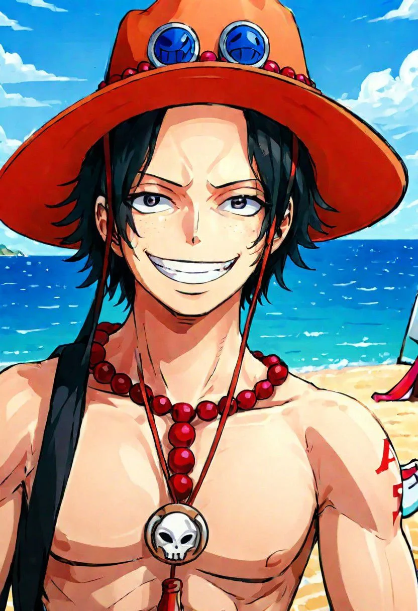 Ace , in beach , portrait, masterpiece, 8k, smile