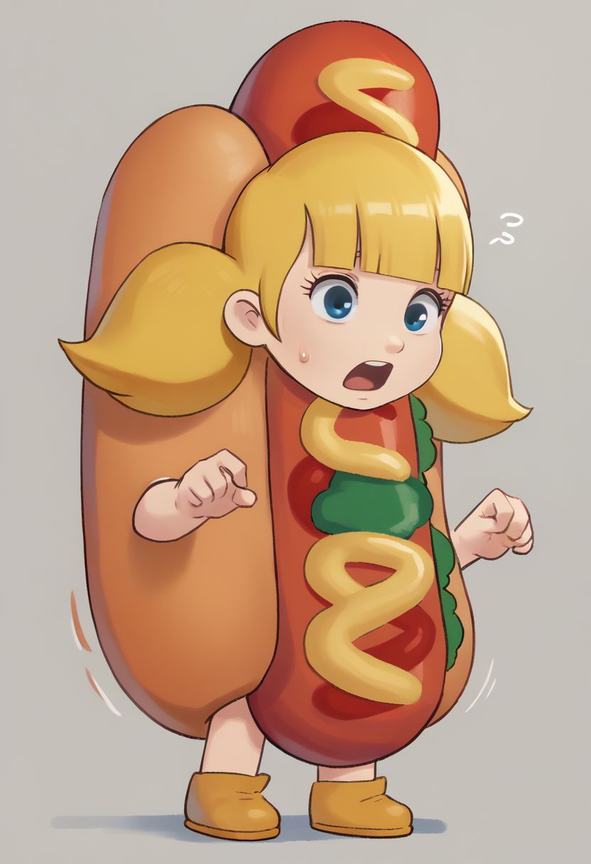score_7_up, BREAK, penny \(inspector gadget\), 1girl, solo,blonde hair, twintails, blunt bangs, blue eyes, hot dog costume, open mouth, full body, sweatdrop, sigh