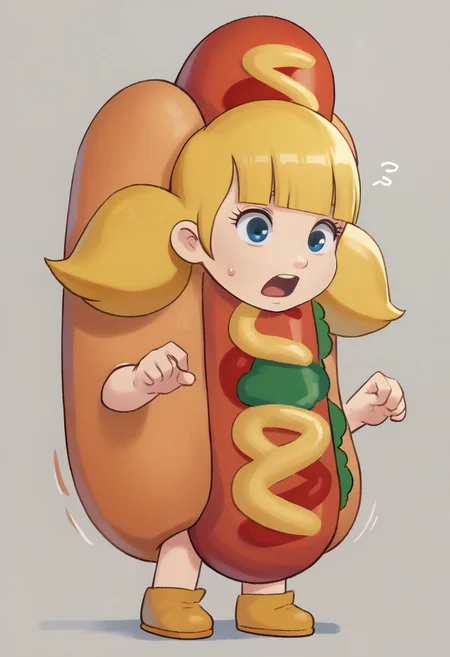 score_7_up, BREAK, penny \(inspector gadget\), 1girl, solo,blonde hair, twintails, blunt bangs, blue eyes, hot dog costume, open mouth, full body, sweatdrop, sigh