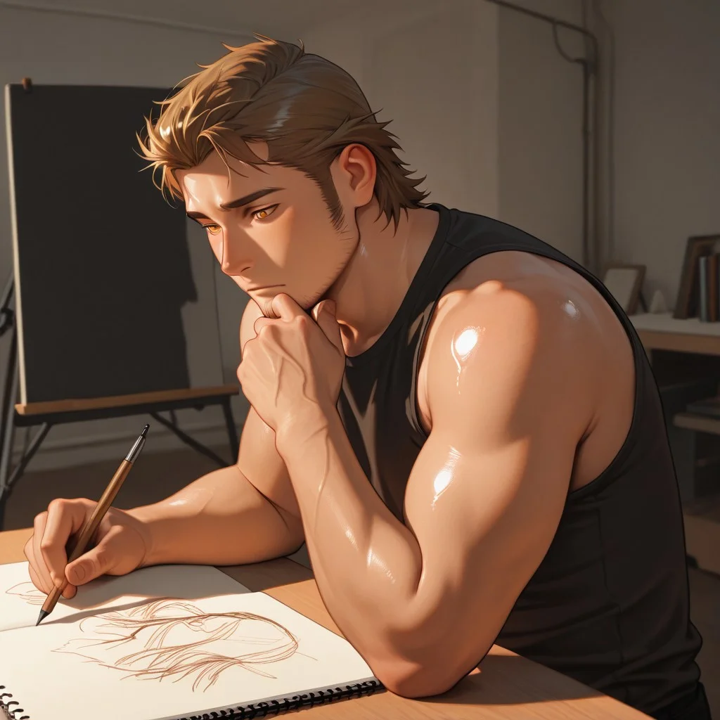 masterpiece, best quality, amazing quality, absurdres, newest, detailed background, definition so sharp, Ultra-HD, 8K cinematic, very awa, impressionate, amazing quality, highres,
solo, male focus, manly, plump, shadow, shiny skin,
ekusoushizumu, ekusou_brunette, ekusou_orange eyes, 1boy, short hair, sideburns, stubble, artistic, thoughtful, studio, drawing, painting, sketchbook, warm_colors, muted_tones, classical_music, deep_in_thought, pensive, inspiration, creative_space, vintage