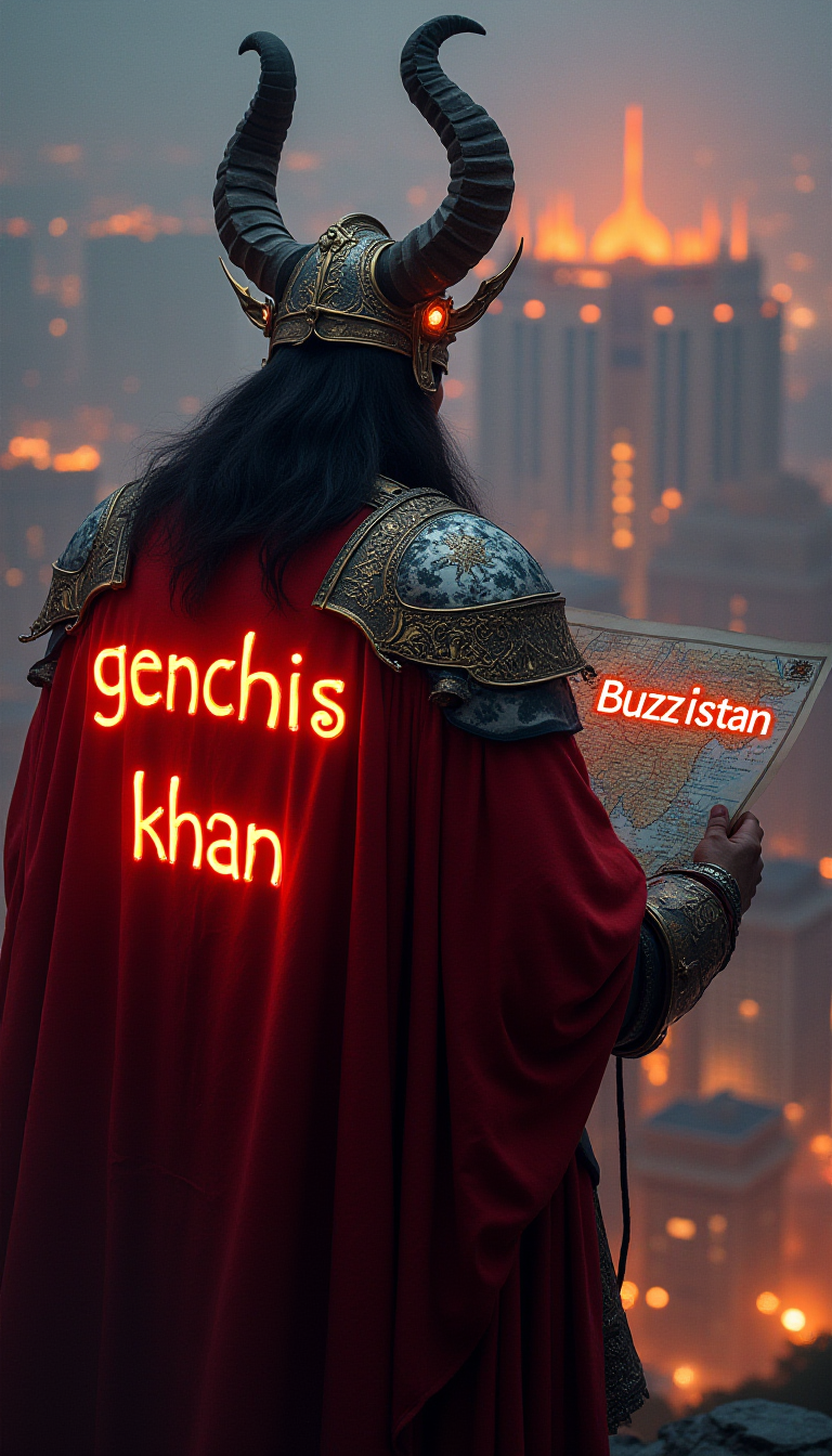 a realistic image of the mongol genghis khan, mighty glowing horned helmed looking down at the great city, on his back is written in glowing neon  text "genghis" the might khan is holding a map with the text "BUZZ'istan" from above 
<lora:flux_realism_lora:0.3>