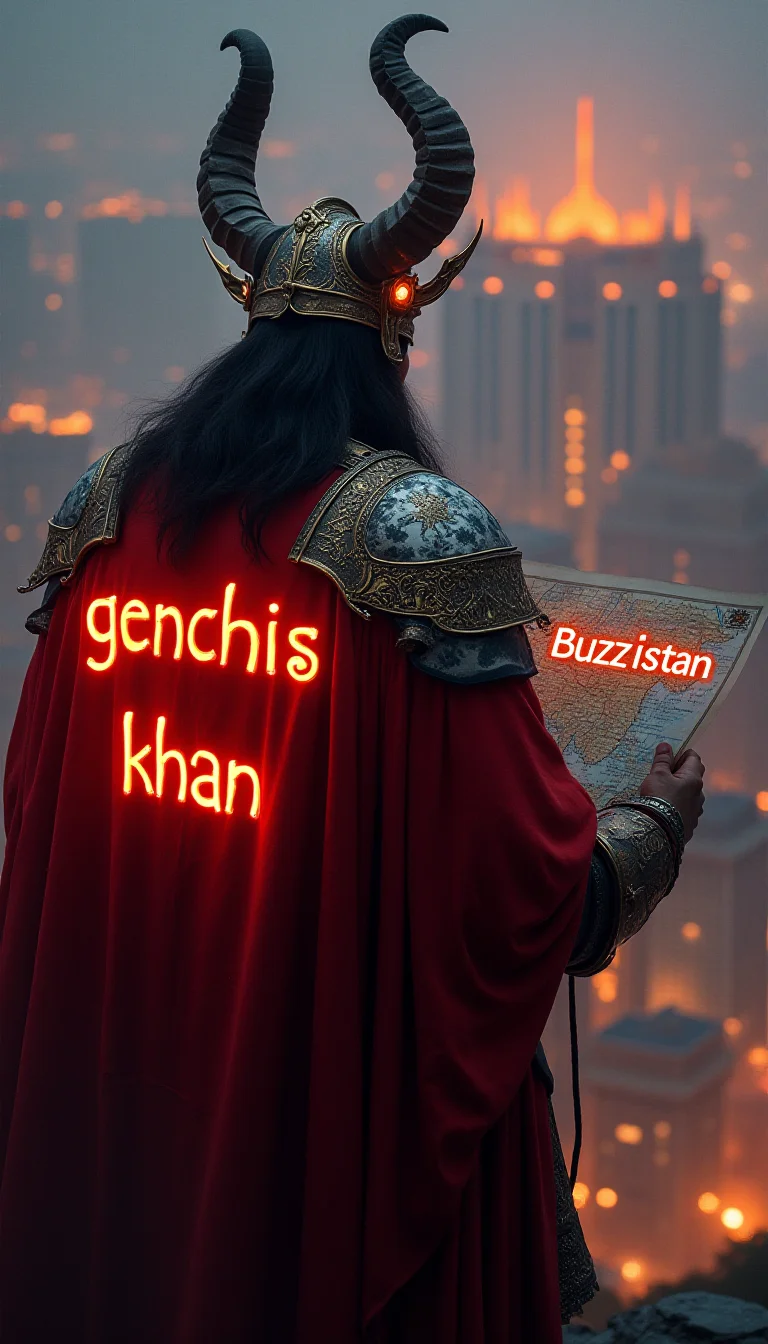 a realistic image of the mongol genghis khan, mighty glowing horned helmed looking down at the great city, on his back is written in glowing neon  text "genghis" the might khan is holding a map with the text "BUZZ'istan" from above 
<lora:flux_realism_lora:0.3>