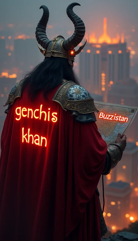 a realistic image of the mongol genghis khan, mighty glowing horned helmed looking down at the great city, on his back is written in glowing neon text "genghis" the might khan is holding a map with the text "BUZZ'istan" from above
<lora:flux_realism_lora:0.3>