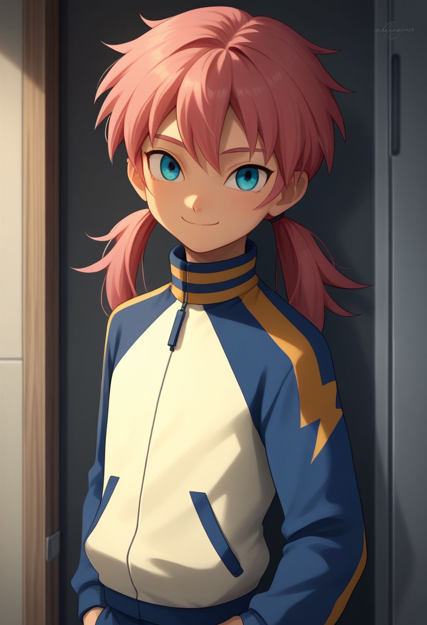score_9, score_8_up, score_7_up, source_anime, highly detailed, 1boy, solo, male_focus, skinny, slender, cute, 
gabi_ina, male focus, 1boy, solo, twintails, pink hair, blue eyes,  track jacket,  jacket, smile, raimon, long hair, track suit,