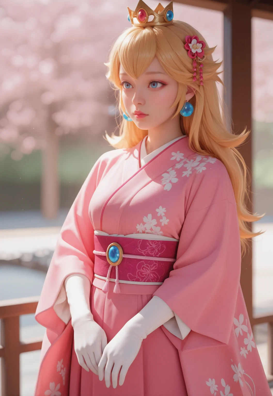 masterpiece, best quality, realistic,
 depth of field, scenery, 
1girl, solo, 
 <lora:PrincessPeach_NoobAI_Incrs_v1:0.8> princess peach, long hair, blue eyes, alternate costume || princess peach, blue eyes, long hair, crown, pink dress, jewelry, earrings, white gloves, puffy sleeves, elbow gloves, puffy short sleeves , IncrsPchKimono, blue eyes, hair ornament, pink kimono, japanese clothes, obi, sash, wide sleeves, floral print, long sleeves, obijime, print kimono, jewelry, earrings
 <lora:Dynamic lighting[IL]:0.7> dynamiclighting