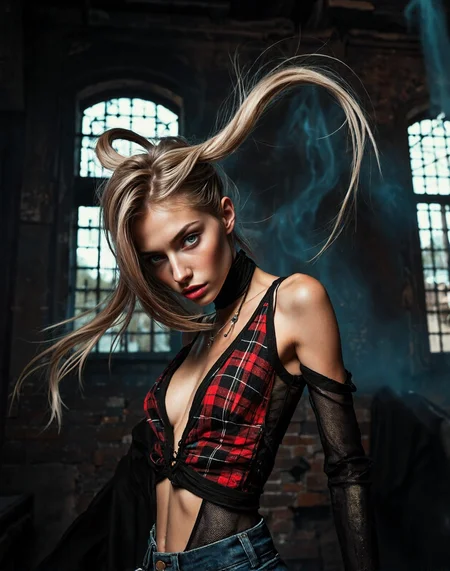 Surprise snapshot hip-level photo capturing the spirit of young thin romanian woman, 20yo, with light blue protruding eyes wide lips seen performing an aesthetic walking motion. She has tousled white hair and red e-girl makeup and glamorous lip stain, wearing everyday mesh tied flannel shirt with lace-window with denim drop crotch pants, together with a charm necklace, and an ecstatic look on her face. Set in the cellar of a ruined bastion, with large narrow windows barred with iron, on a misty sunny dusk in spring. With soft backlighting, realistic, professional edit, highly detailed, dynamic angle <lora:flux_skinny_slider>
