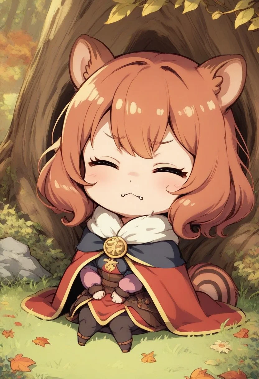 score_9, score_8_up, score_7_up, best quality, fine detail, cute, squirrel girl, chibi, sleeping, angry, forest background, trees, leaves, grass, rocks